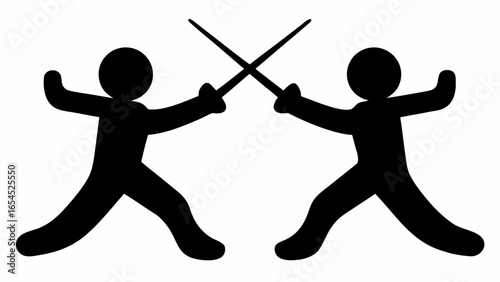 Two stick figures facing each other with swords crossed in a stylized fencing or combat illustration