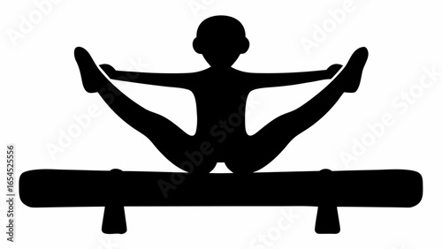 Silhouette of gymnast performing a straddle split on balance beam with arms outstretched for stability