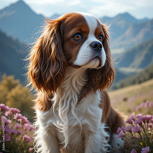 Cavalier King Charles Spaniel, Cavalier King Charles Spaniel dog, sunlight falling on him making him more visible and attractive, close-up shot, isolated natural background