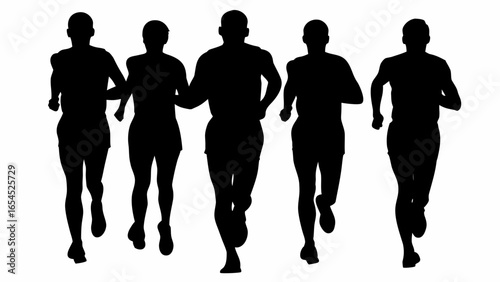 Silhouette depiction of a group of five runners in motion against a white background showcasing athleticism