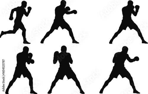 Silhouettes of male boxers training, punching, and sparring in various fighting stances, fitness, boxing workout, martial arts action