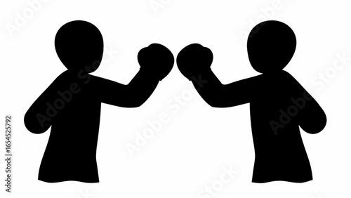 Two black silhouettes of boxers facing each other with raised gloved fists in a fighting stance ready to box