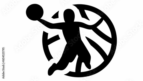 Silhouette of a basketball player in action with a basketball hoop design in a black and white illustration