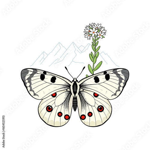 Minimalist vector art of the Apollo butterfly with vibrant colors and mountain backdrop, celebrating this rare protected species in its natural alpine habitat.