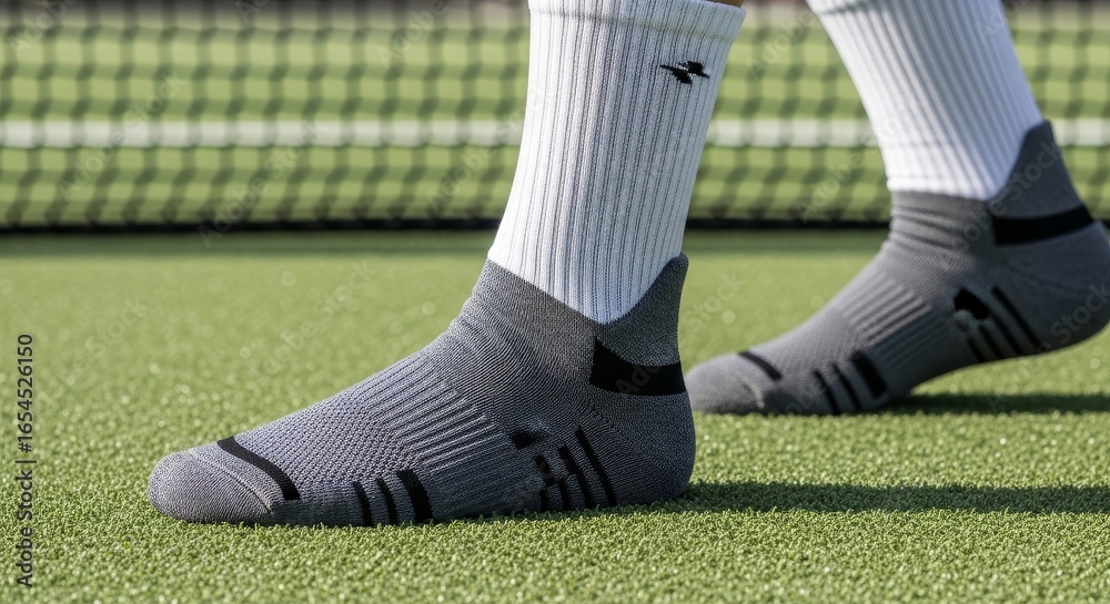 Obraz premium Professional Tennis Player Feet in White Sports Socks on Court