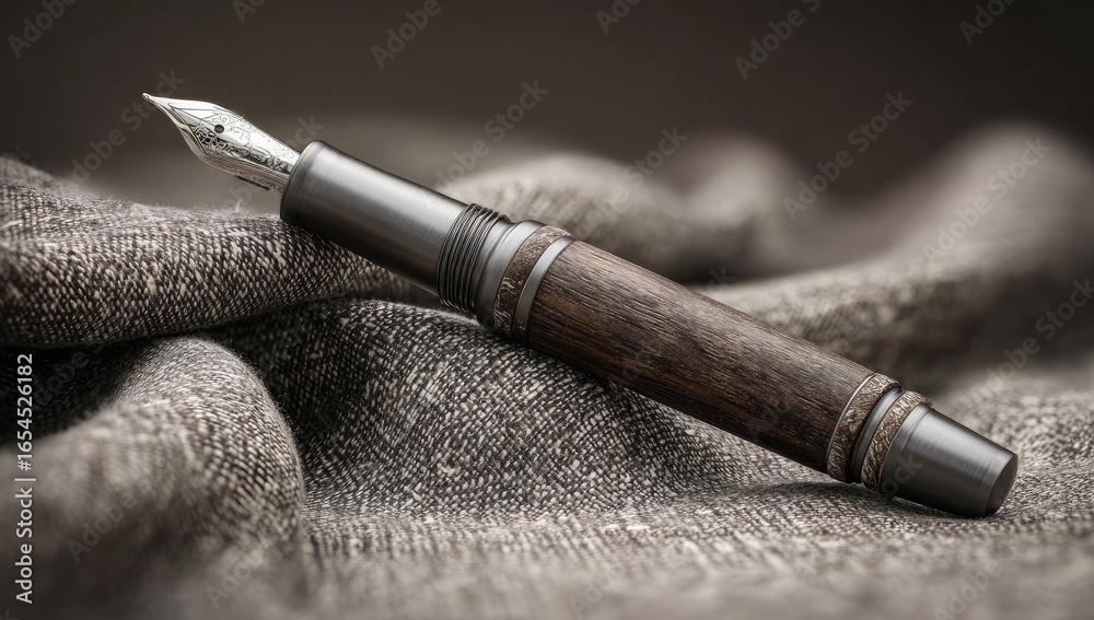 Naklejka premium Elegant wooden fountain pen rests on textured fabric