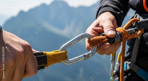 Rock climber handling carabiner and climbing rope in mountain landscape