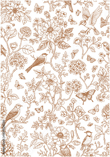 Mural. Bloom. Chinoiserie inspired. Vintage floral illustration.