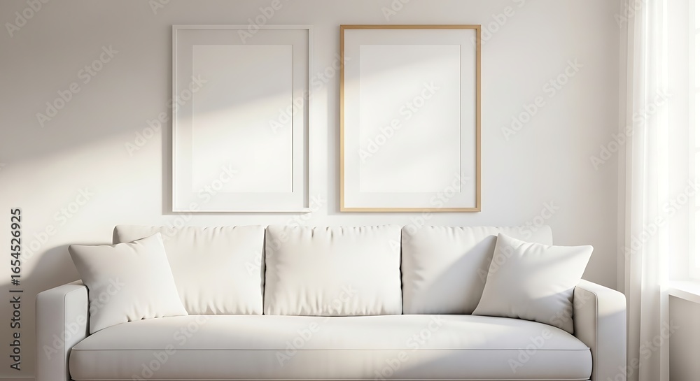 Fototapeta premium Modern living room interior with blank frames above comfortable white sofa, perfect for art display or home staging