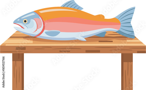 Fresh salmon resting on a wooden table, ready for preparation.