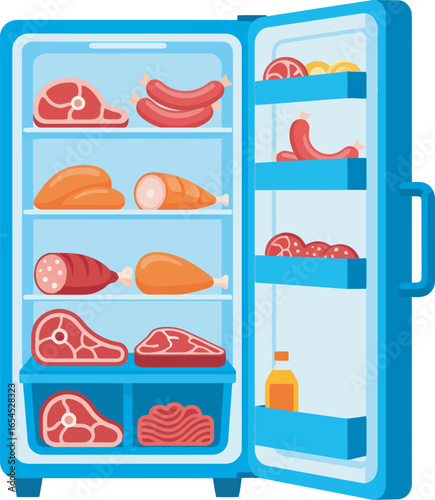 Open refrigerator filled with various meats and sausages, showcasing a well-stocked food storage.