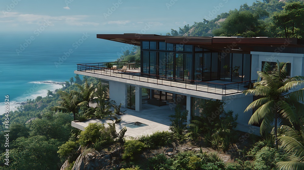 Obraz premium Luxury ocean view villa rental tropical paradise modern architecture design real estate investment property dream home