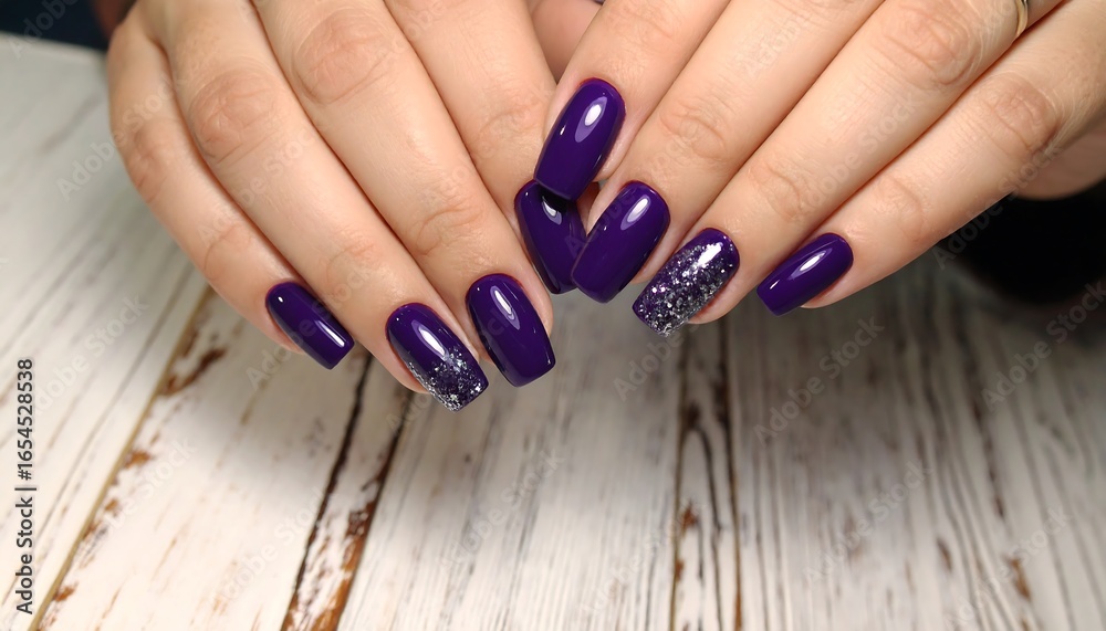 Close-up of manicured hands with purple nails and glitter Close-up of manicured hands with purple nails and glitter