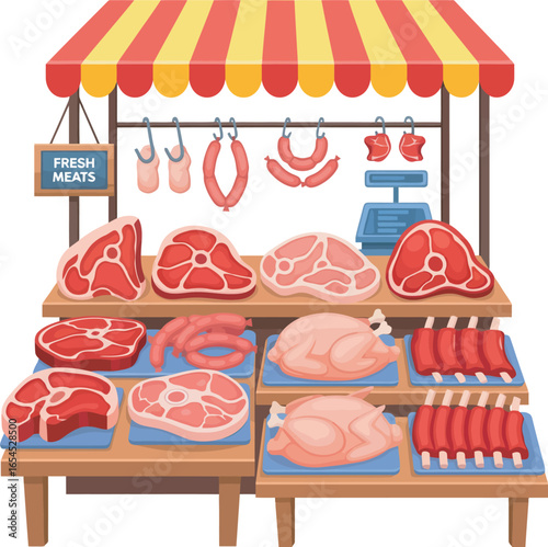 Butcher shop stall displaying various cuts of meat, sausages, and whole chickens under a striped awning.