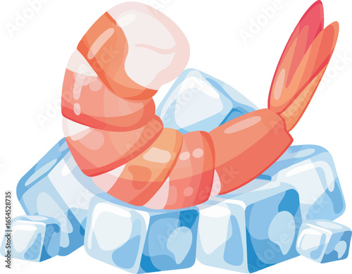A cartoon shrimp rests atop a bed of cold, blue ice cubes.