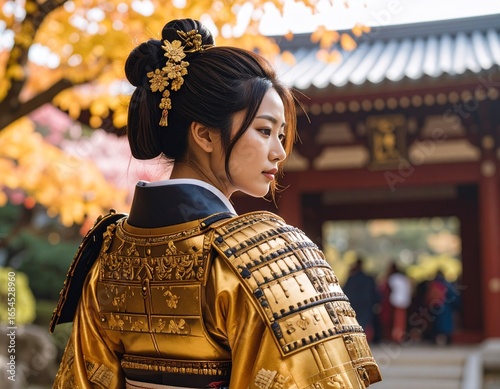 Golden samurai warrior in detailed armor, cinematic pose, traditional Japanese background, ultra-detailed.