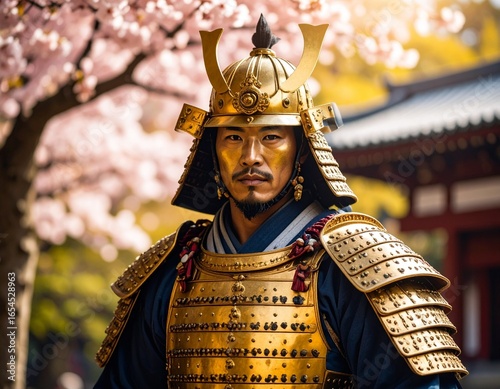 Golden samurai warrior in detailed armor, cinematic pose, traditional Japanese background, ultra-detailed.