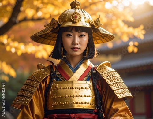 Golden samurai warrior in detailed armor, cinematic pose, traditional Japanese background, ultra-detailed.