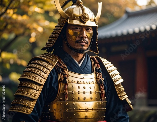 Golden samurai warrior in detailed armor, cinematic pose, traditional Japanese background, ultra-detailed.