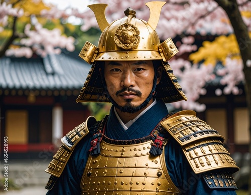 Golden samurai warrior in detailed armor, cinematic pose, traditional Japanese background, ultra-detailed.