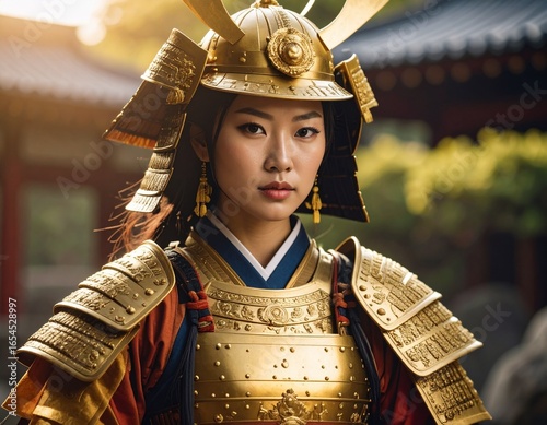 Golden samurai warrior in detailed armor, cinematic pose, traditional Japanese background, ultra-detailed.