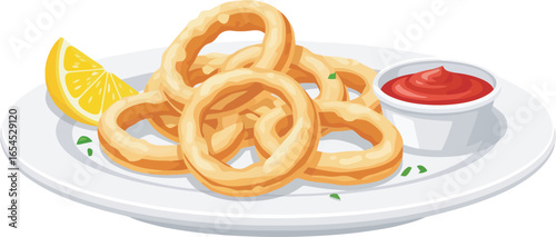 Fried calamari rings served on a plate with lemon wedge and ketchup.