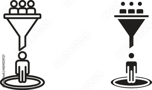 Illustration of a funnel with people at the top and one person at the bottom, representing a sales funnel or conversion process. Two variations are shown.