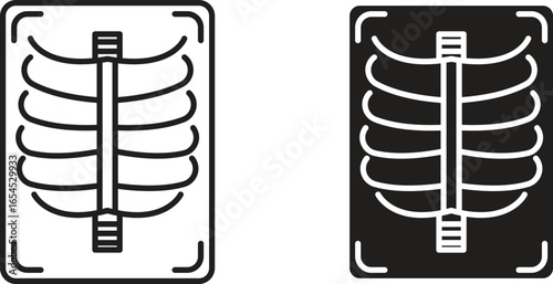 Two variations of a stylized chest x-ray illustration, one in black and one in white, isolated on white.