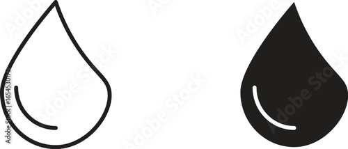 Two simple water drop icons: one outline, one filled. Isolated on white for easy use.