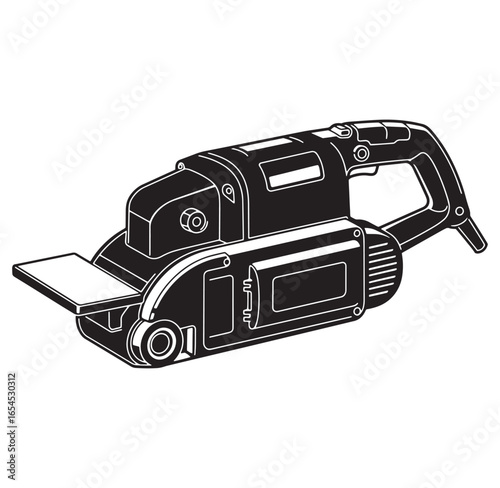 Illustrated black and white graphic depiction of an electric belt sander used in carpentry