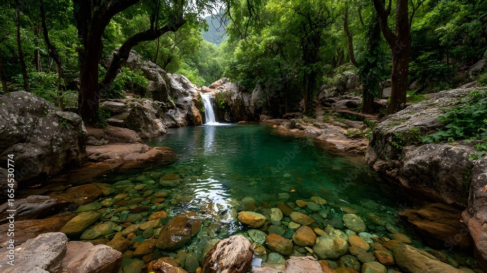 Fototapeta premium Beautiful waterfall cascades into a clear, shallow pool within a lush green forest. Smooth stones are visible through the transparent, pristine water.