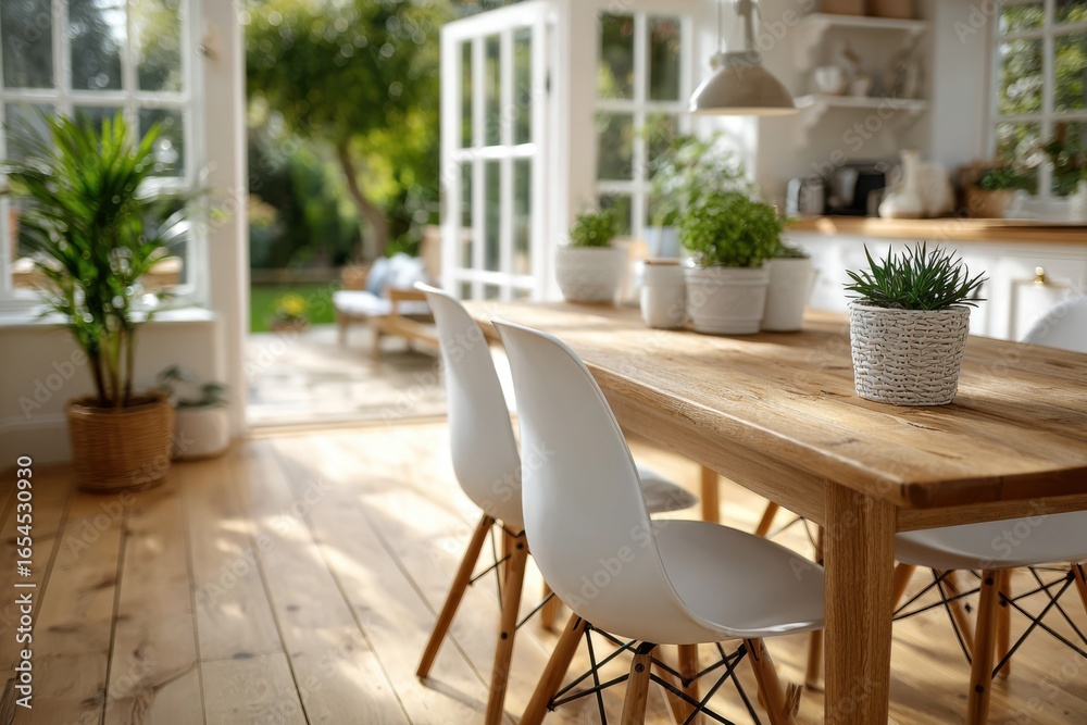 Fototapeta premium Bright and Airy Kitchen Dining Room with Garden View