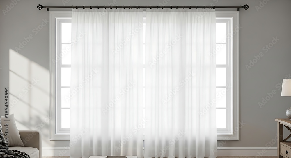 Obraz premium Elegant white sheer curtains framing bright window, casting soft shadows in modern living room with neutral tones