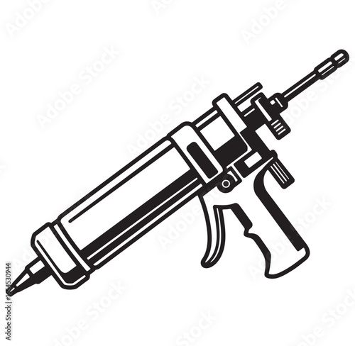 Detailed black and white illustration of a caulk gun construction tool isolated