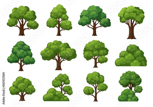 Flat Vector Green Trees & Bushes Set – Minimalist Nature Illustrations for Landscaping & Design