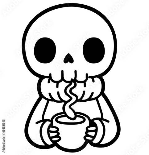 simple cartoon skeleton drinking coffee - layered cut file - fall cozy clip art