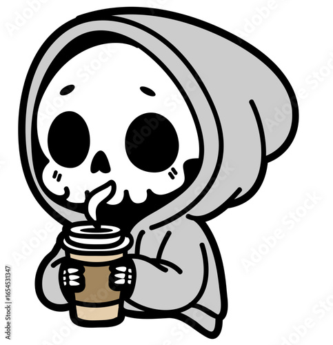 cute skeleton drink coffee - layered cut file - spooky clip art