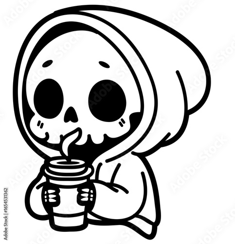 cute skeleton drink coffee - layered cut file - spooky clip art