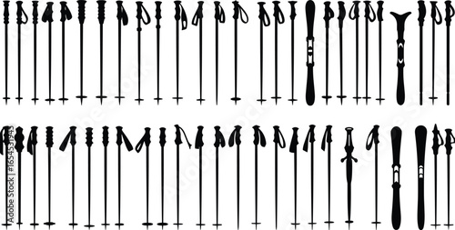 Silhouettes of various hiking poles and trekking sticks, outdoor adventure equipment, travel gear, nature exploration, hiking essentials collection.