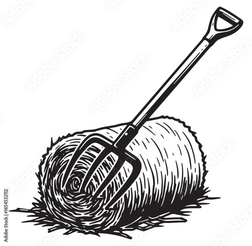 Hand drawn illustration of a hay bale with a pitchfork in a rustic farm field setting.