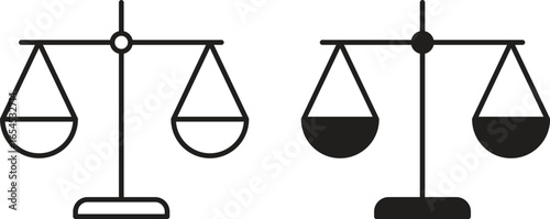 Two simple line art scales of justice icons, one with filled pans, isolated on white.