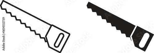 Two hand saw icons, one line art and one solid black, isolated on white. Perfect for DIY, carpentry, or tool illustrations.