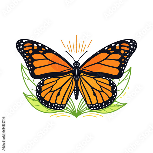 Elegant monarch butterfly vector with sharp lines and vibrant colors. A delicate insect illustration symbolizing its beauty and connection with host plants.