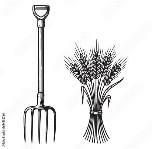 Illustration of a pitchfork and wheat bundle representing farming and agriculture