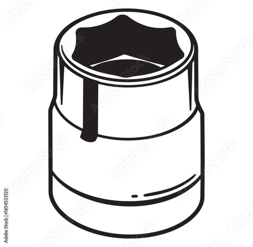 Isolated black and white illustration of a hexagonal socket wrench head tool