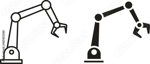 Two robotic arm illustrations, one line art, one solid black, isolated on white.