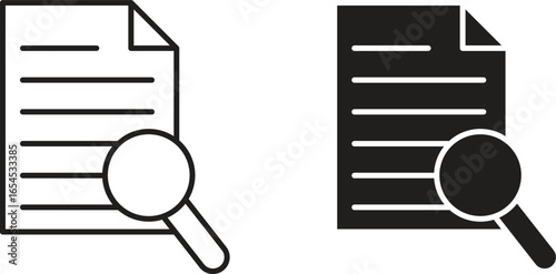 Simple vector icon of a document and magnifying glass. Black and white variations included. Ideal for website or app design.