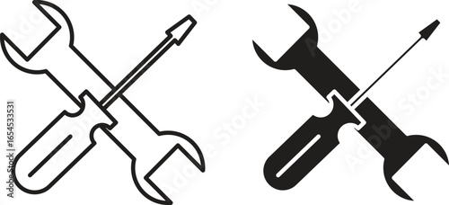 Pair of crossed wrench and screwdriver icons, one in outline style and one solid, isolated on white.