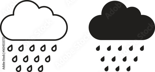 Two weather icons depicting a rain cloud: one line art, one filled. Isolated on white.