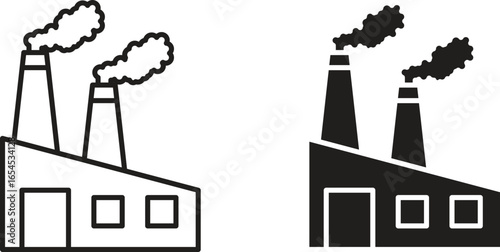 Two simple factory icons, one line art and one solid, both showing smoke from chimneys. Isolated on white.